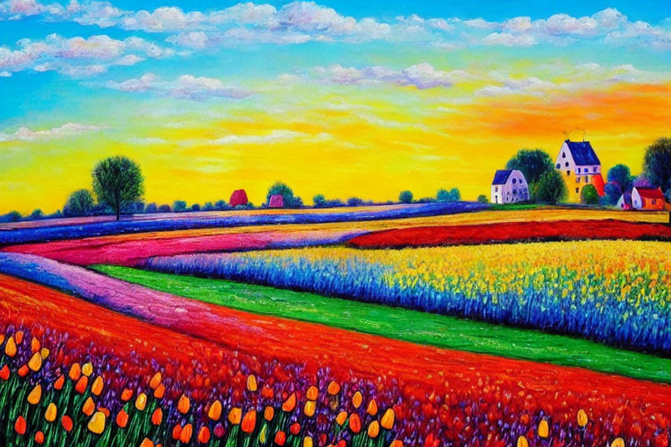 Colorful Countryside Painting: Tulip Fields, Trees, Houses under Sunset Sky