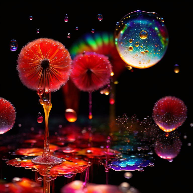 Colorful dandelions with water droplets in cosmic setting