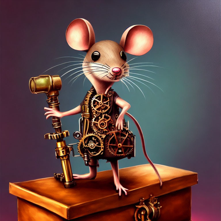 Steampunk mouse with clock parts and key on purple background