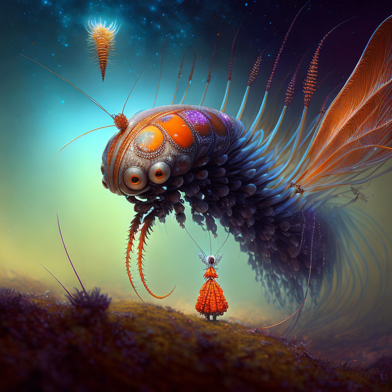 Colorful fantastical creature with butterfly wings in dreamy landscape