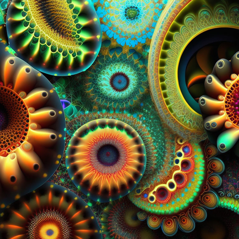 Intricate digital art: vibrant patterns of biological cells and fractals