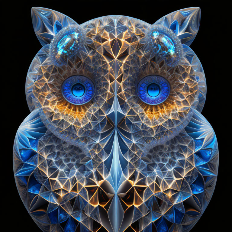 Intricate geometric owl art with luminous blue eyes