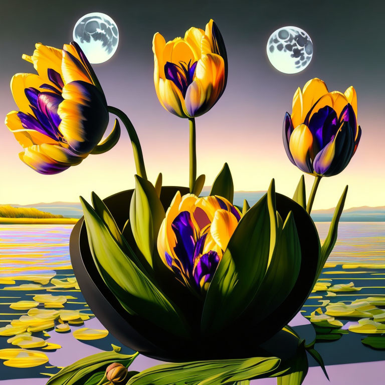 Colorful Tulips with Purple and Yellow Hues by a Lake and Mountains at Dusk