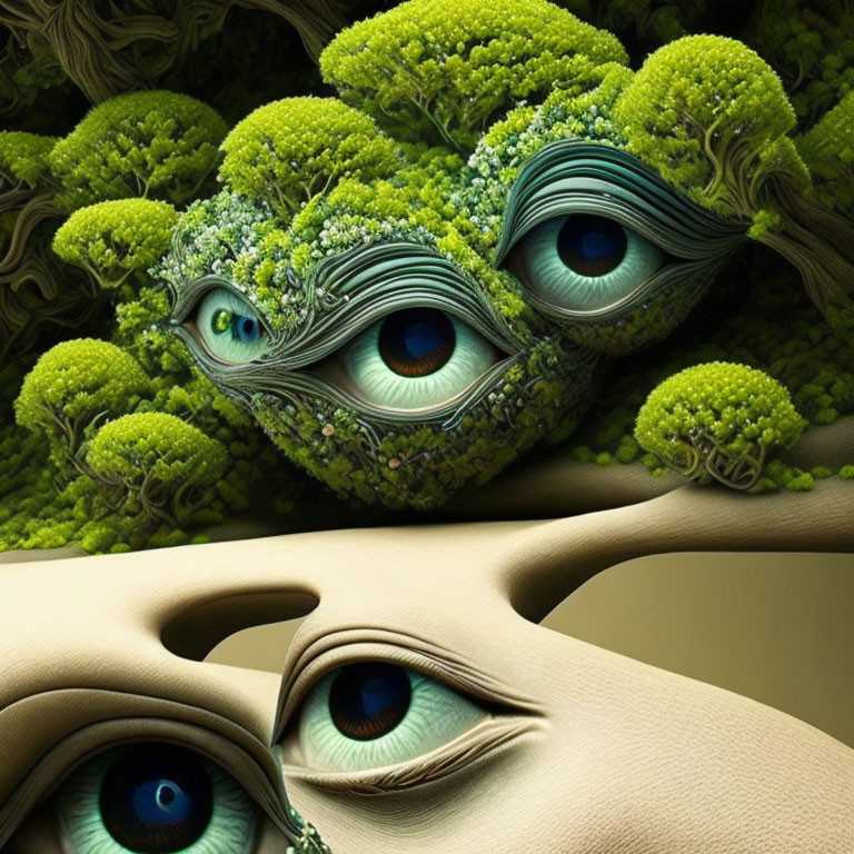 Surreal artwork featuring eyes and tree-like textures blending with vibrant green foliage