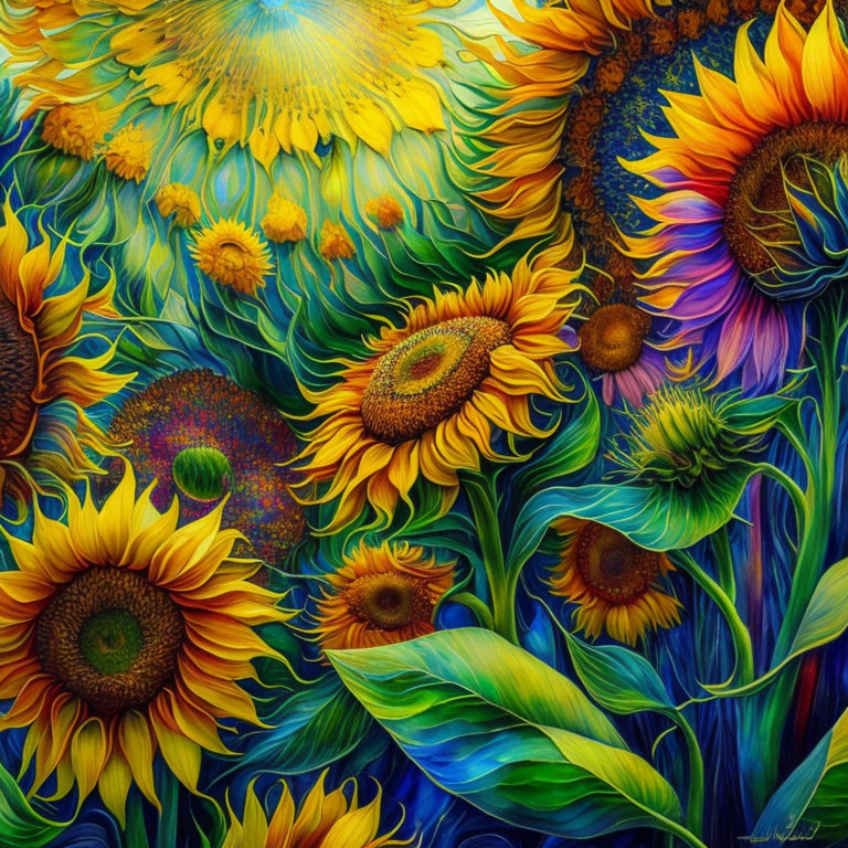 Colorful sunflower painting with rich blues and greens.