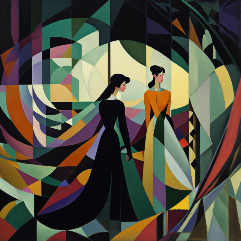 Geometric abstract painting of two women in elegant gowns amid colorful shapes