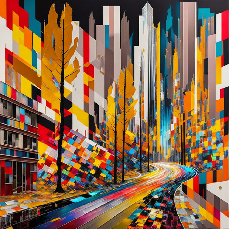 Colorful abstract cityscape with stylized trees and flowing road