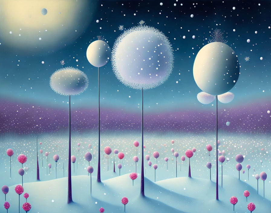 Digital Artwork: Snow-Covered Landscape with Stylized Dandelions & Starry Sky