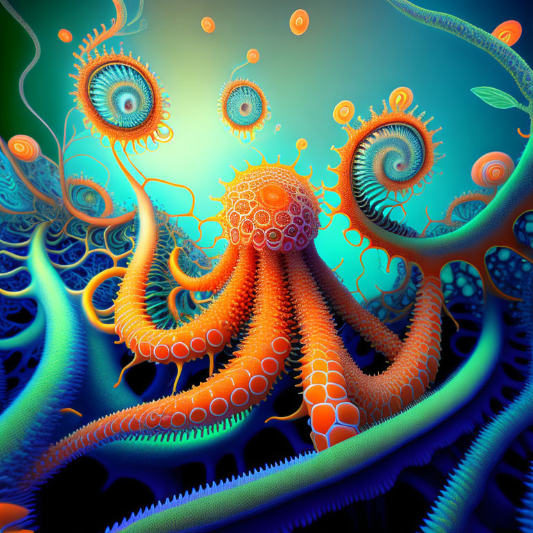 Orange octopus with spiral tentacles on blue-green background