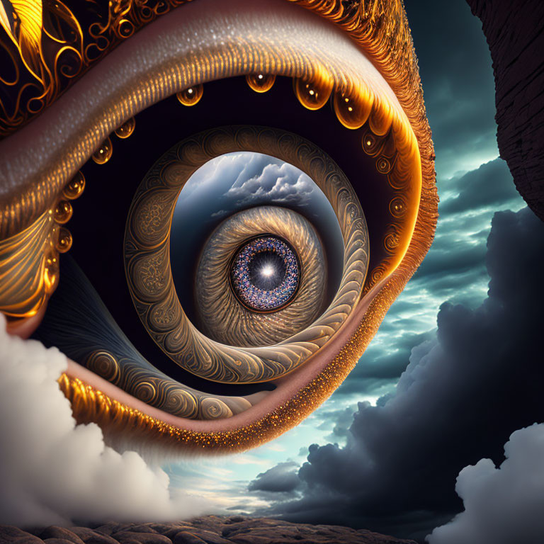 Surreal image: ornate spiral patterns, eye, clouds, cliffs, dramatic sky.