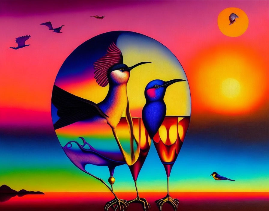 Colorful Artwork: Stylized Birds with Elongated Legs in Sunset Scene