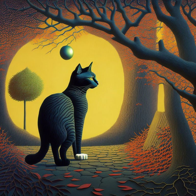 Stylized large black cat on cobblestone path with full moon, trees, and leaves in