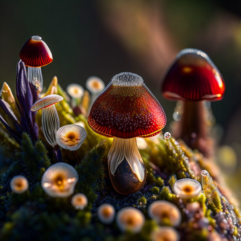 Red-capped luminous mushrooms in mystical dark setting