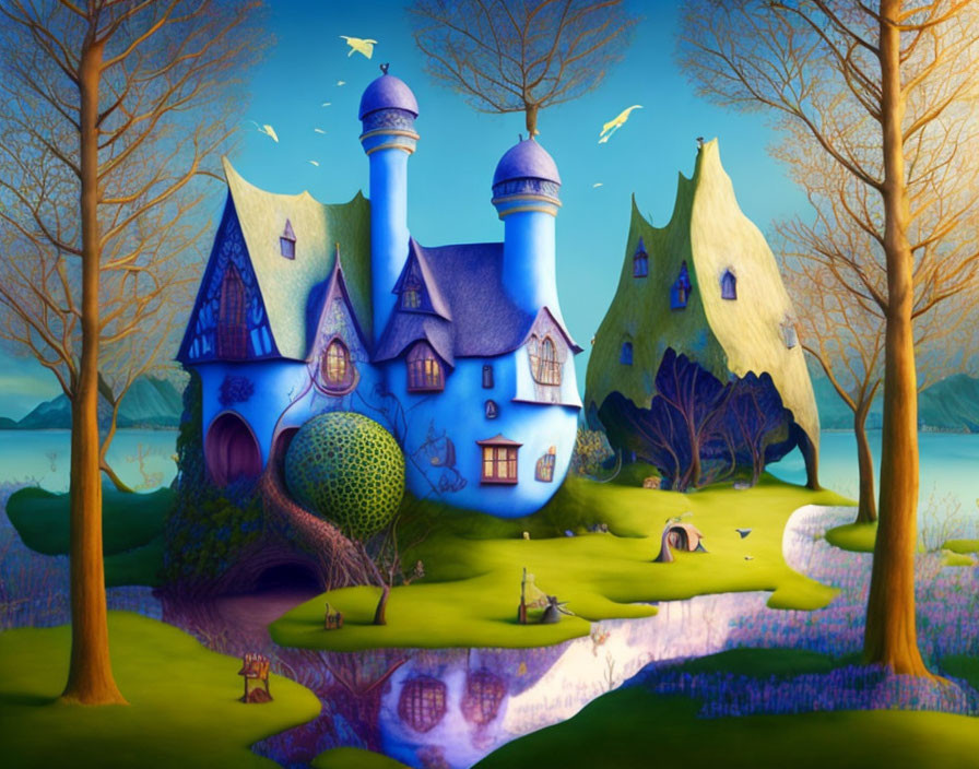 Whimsical blue fairytale cottage in twilight landscape