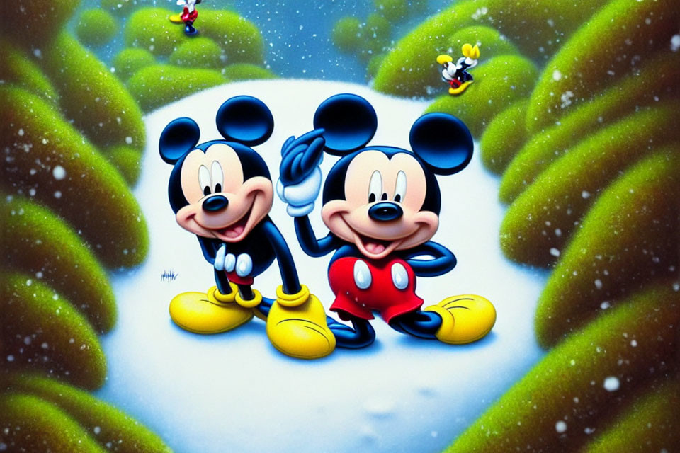 Animated characters in winter landscape with snow and Donald Duck in background