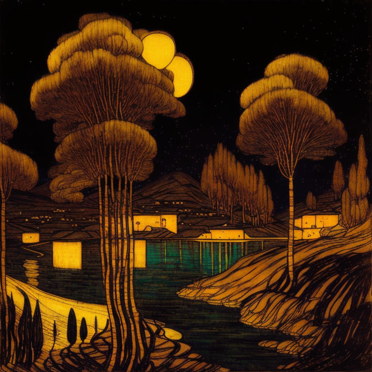 Nocturnal landscape with moon, stars, water, trees, and houses