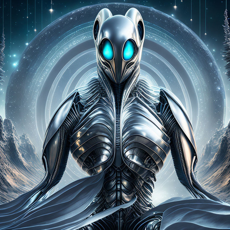 Futuristic humanoid robot with silver body and blue eyes in starry forest.