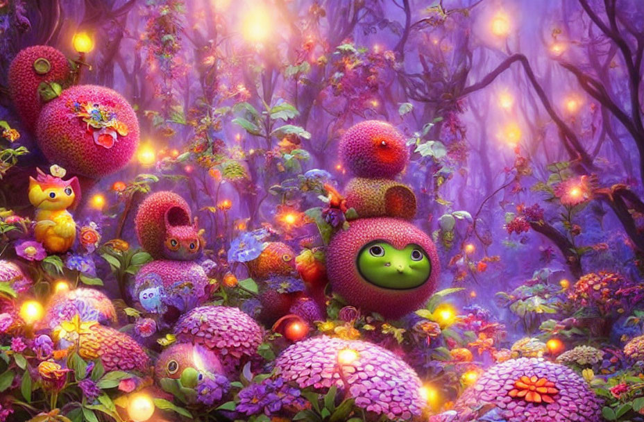 Whimsical creatures in vibrant fantasy forest with glowing flowers