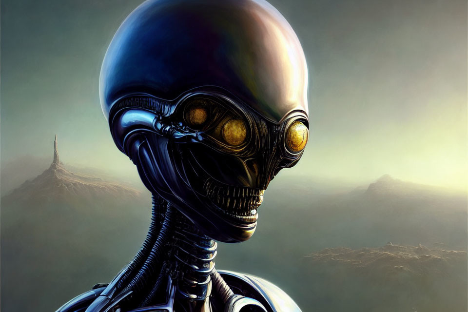 Futuristic humanoid robot with yellow eyes in mountainous setting