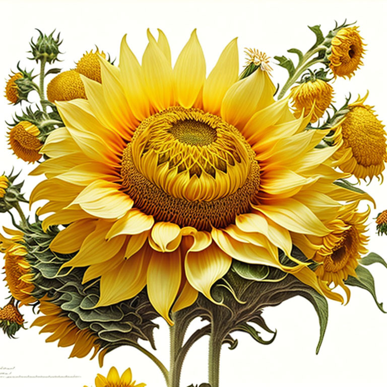 Detailed Sunflower Illustration on White Background