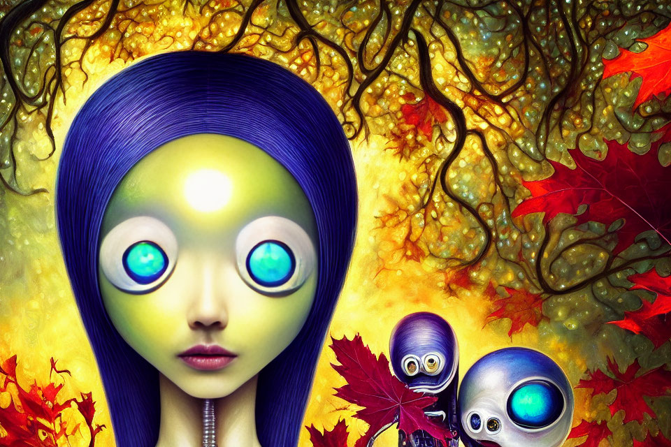 Colorful illustration: Girl with blue eyes and whimsical creatures in autumn setting