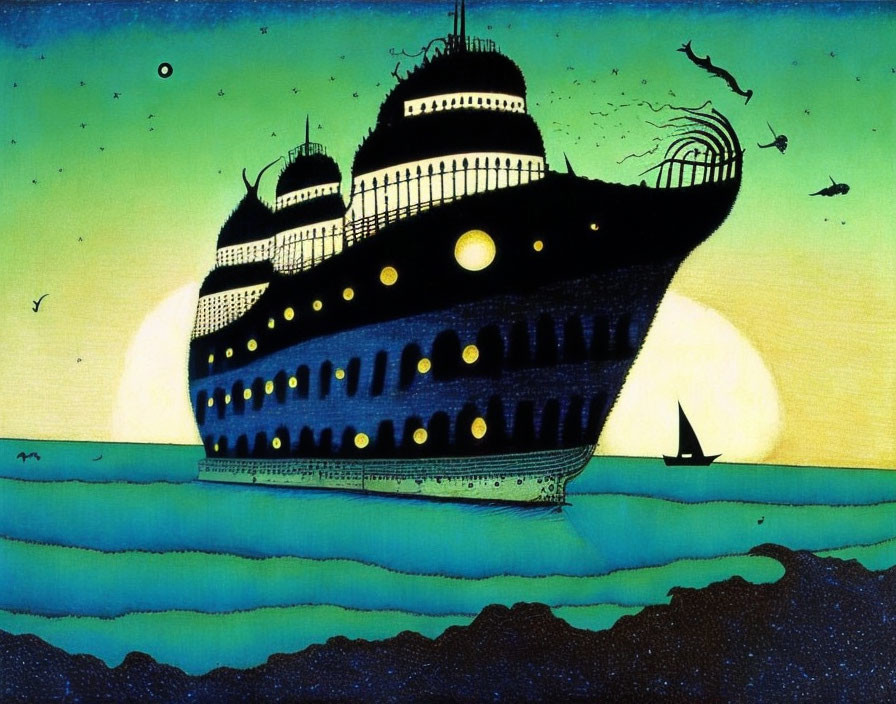 Stylized multideck ship at sea with illuminated portholes, birds, small boat,