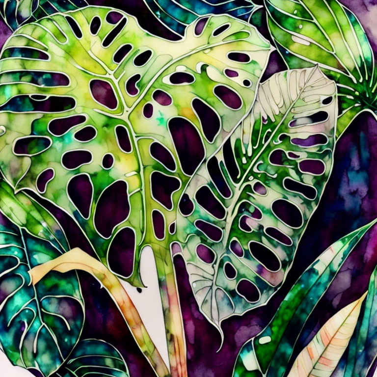 Vibrant Watercolor Monstera Leaf Illustration in Greens and Purples