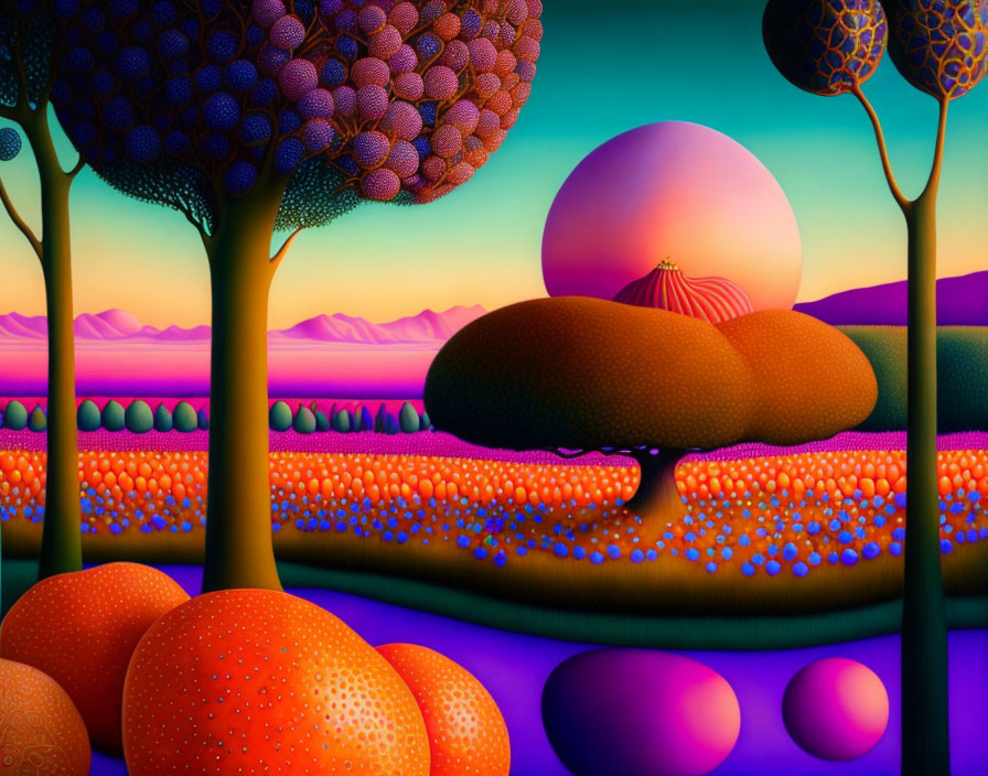 Colorful surreal landscape with stylized trees, sun setting, and rolling hills