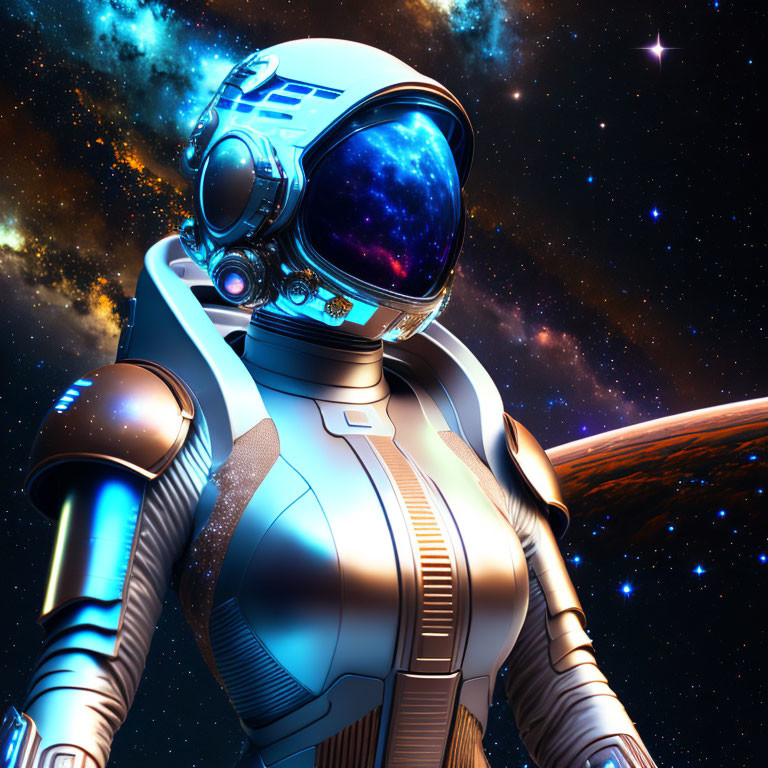 Futuristic astronaut in reflective helmet in cosmic setting