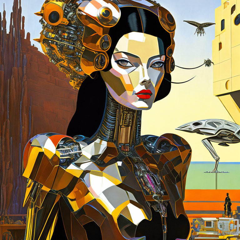 Female Android Portrait with Desert Cityscape and Flying Vehicles