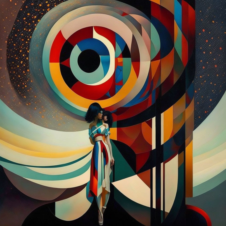 Colorful Striped Dress Woman in Front of Abstract Geometric Mural