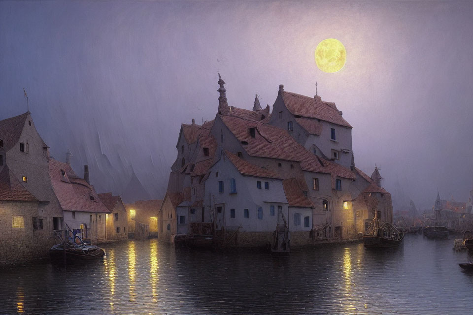 European-style village at night by calm river under moonlight