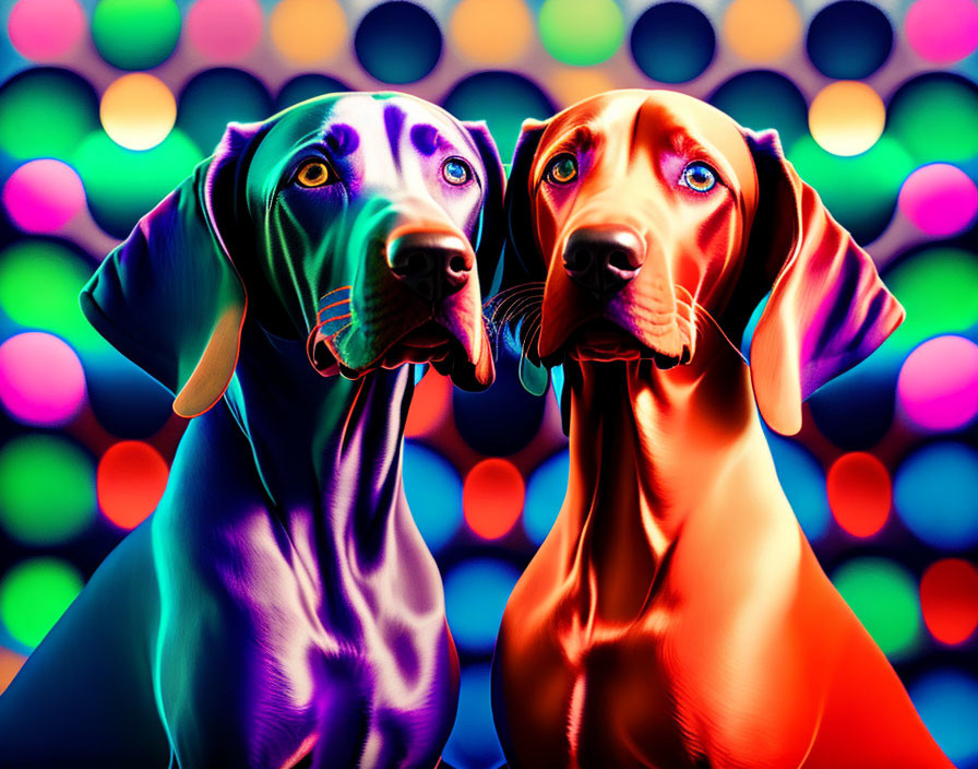 Digitally altered dogs in blue and red against bokeh light background