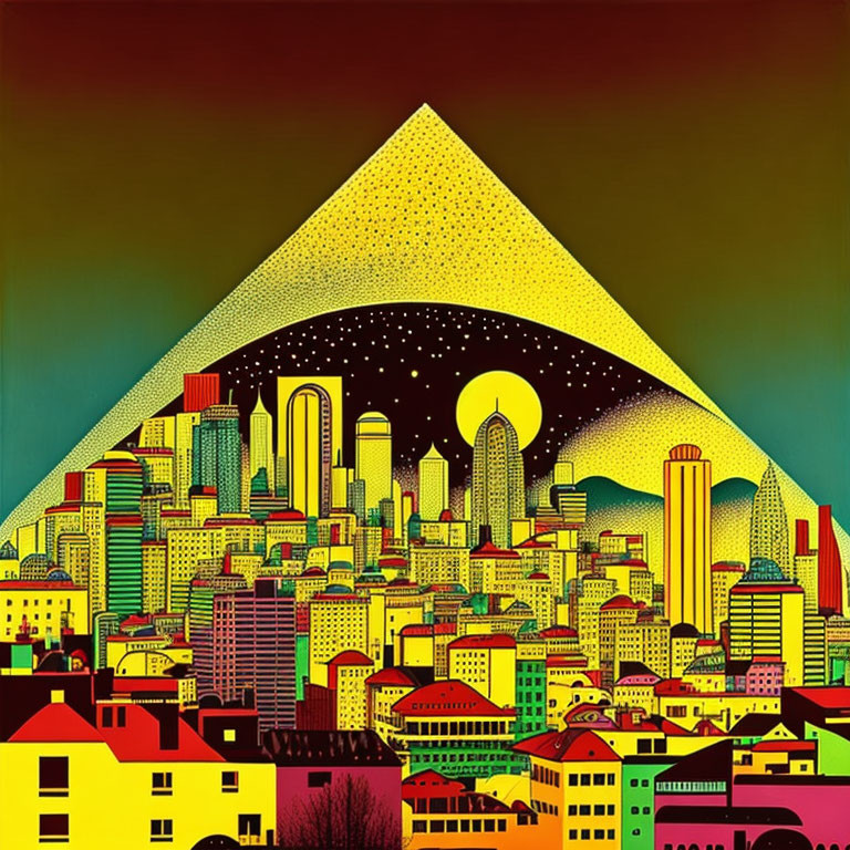 Stylized cityscape with skyscrapers under a nighttime sky in triangular frame.