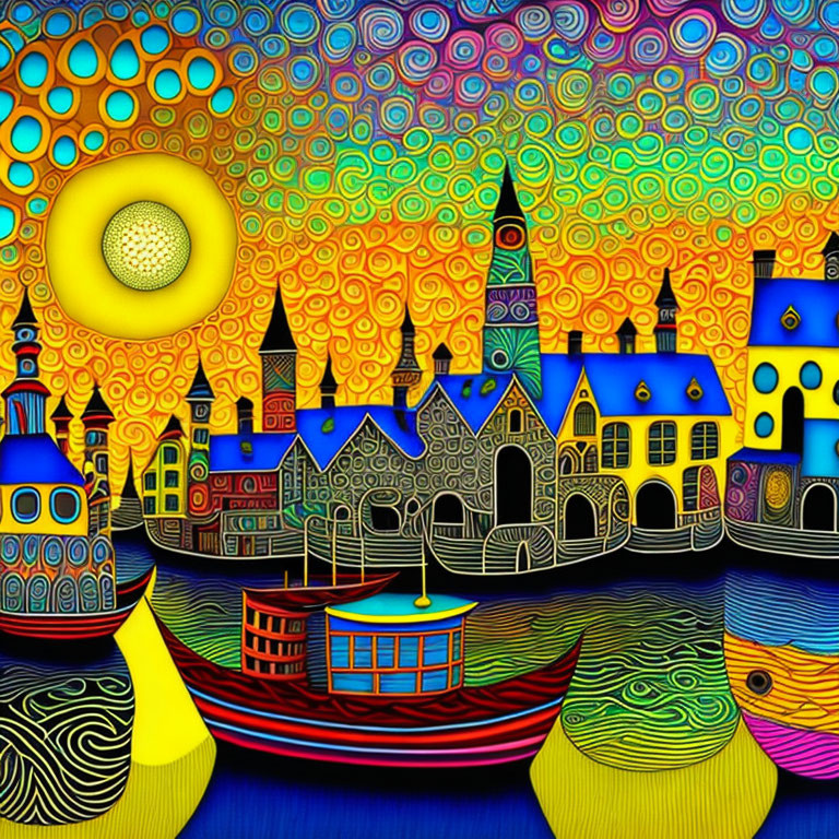 Colorful Psychedelic Cityscape with Swirling Patterns and Boat