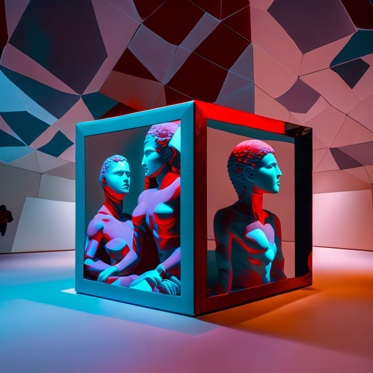 Colorful Cubic Art Installation Featuring Statuesque Figures in Red and Blue