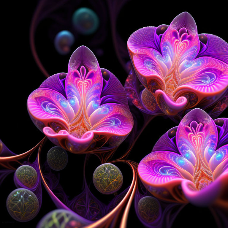 Colorful digital art: purple and pink floral forms on dark background