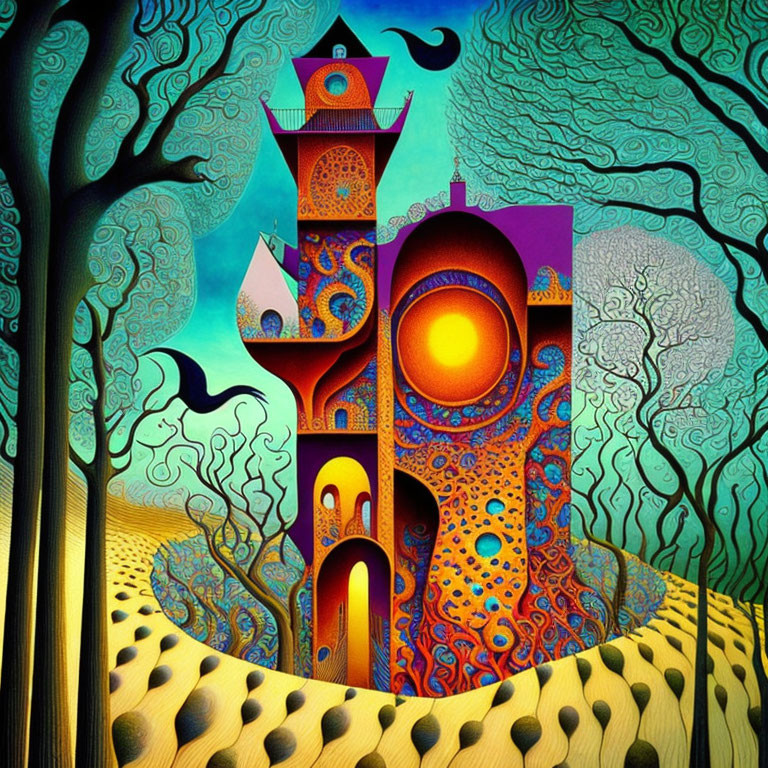 Colorful surreal artwork with whimsical structure and swirling trees.