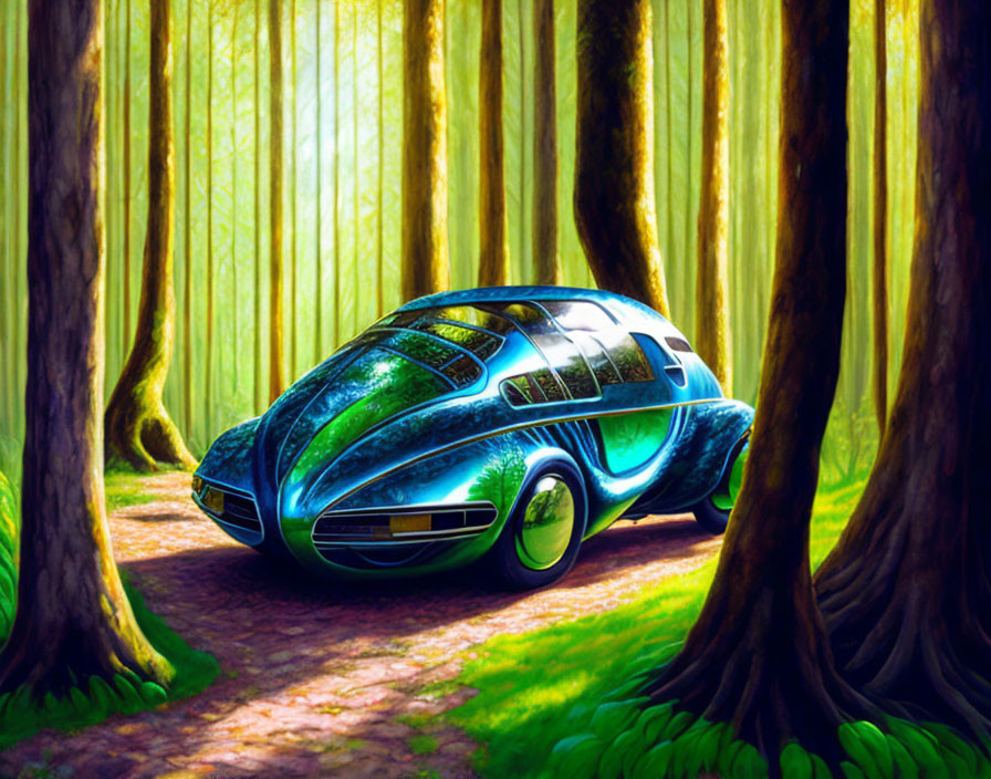 Futuristic blue car parked on forest path with tall green trees.