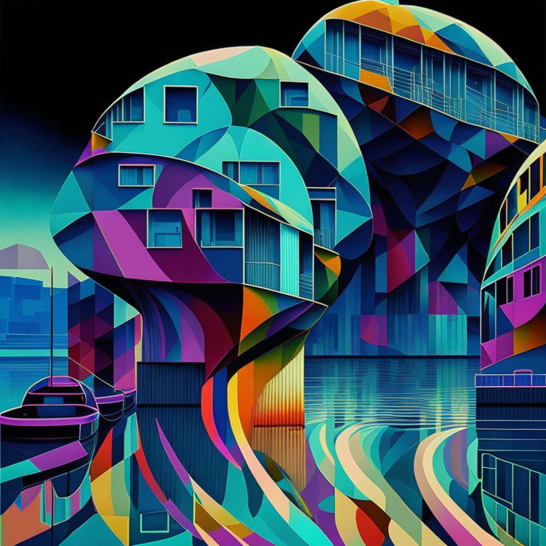 Abstract geometric shapes create colorful cityscape by water with boat.