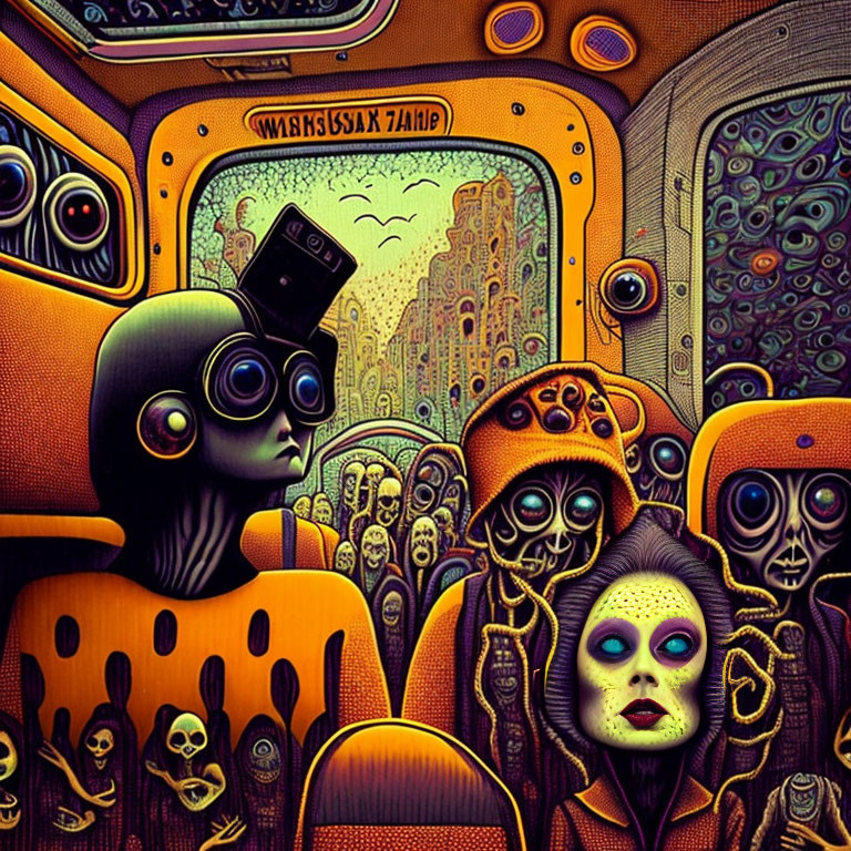 Colorful Psychedelic Illustration of Exaggerated Characters in Surreal Space