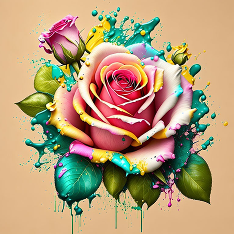 Colorful digital art: Pink rose with paint splashes on peach background