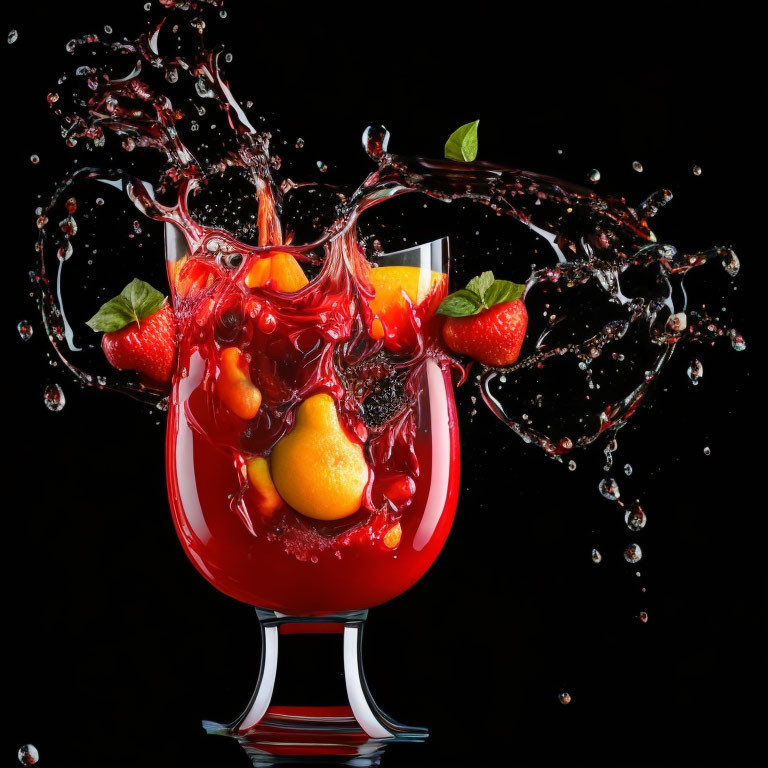 Red liquid splash with fruits in glass on dark background