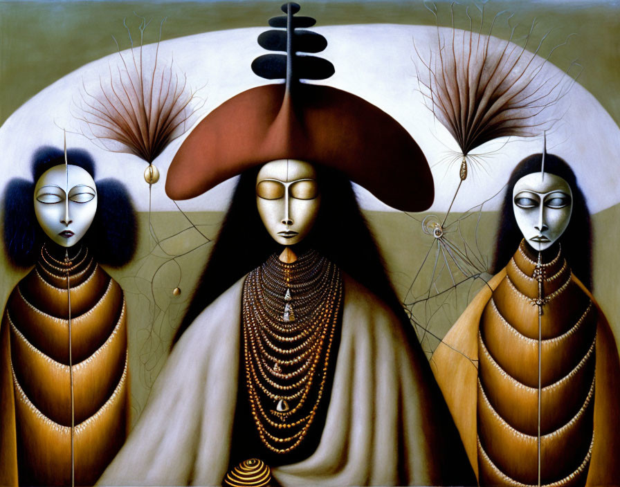 Surreal painting: Three elongated figures in golden attire under intricate brown structure