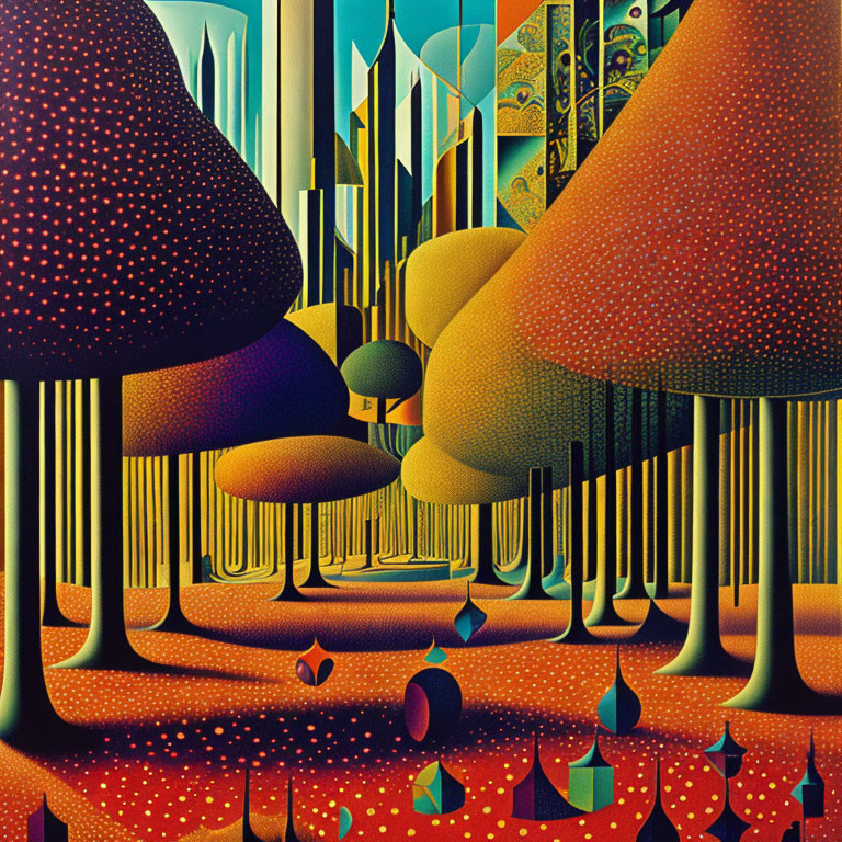 Colorful surreal landscape with dotted mushrooms and geometric shapes