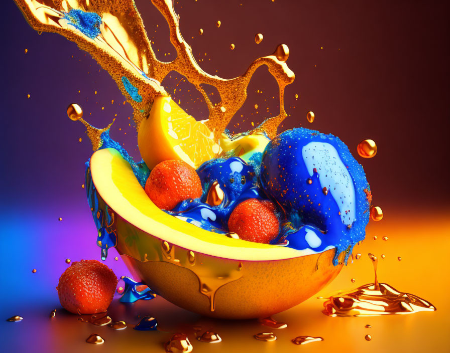 Colorful fruit and splashing liquids in dynamic composition