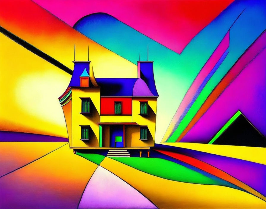 Colorful Abstract Painting of Classic House on Angular Background