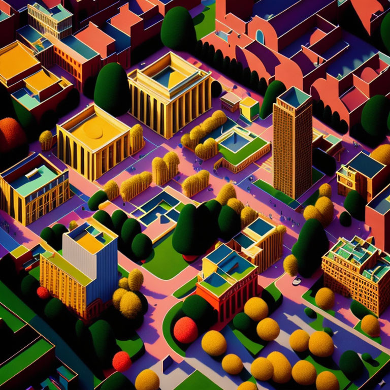 Colorful Isometric Cityscape Illustration with Buildings, Trees, and Shadows