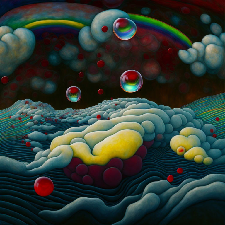 Colorful surreal landscape with floating spheres, undulating hills, rainbow, and red orbs.