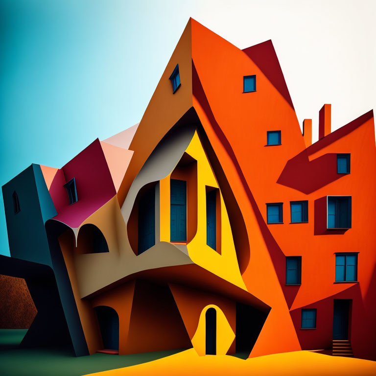 Abstract colorful illustration of distorted architectural structures under blue sky